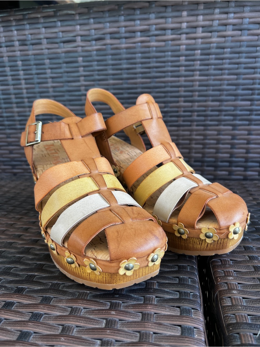 Women’s Tan Multi-Strip Leather Wedge Sandals with flower studded detail NBW